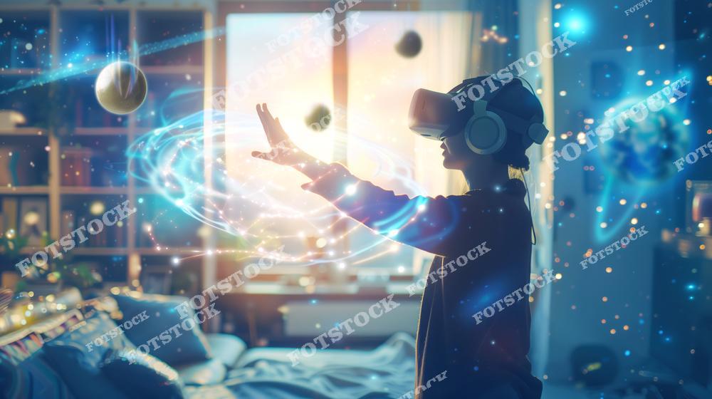 На изображении мальчик в VR-гарнитуре создаёт интерактивное космическое пространство в своей комнате. Виртуальные планеты и световые эффекты подчёркивают атмосферу фантастики и технологий будущего. Это изображение подходит для тем, связанных с инновациями, образованием и цифровым искусством.